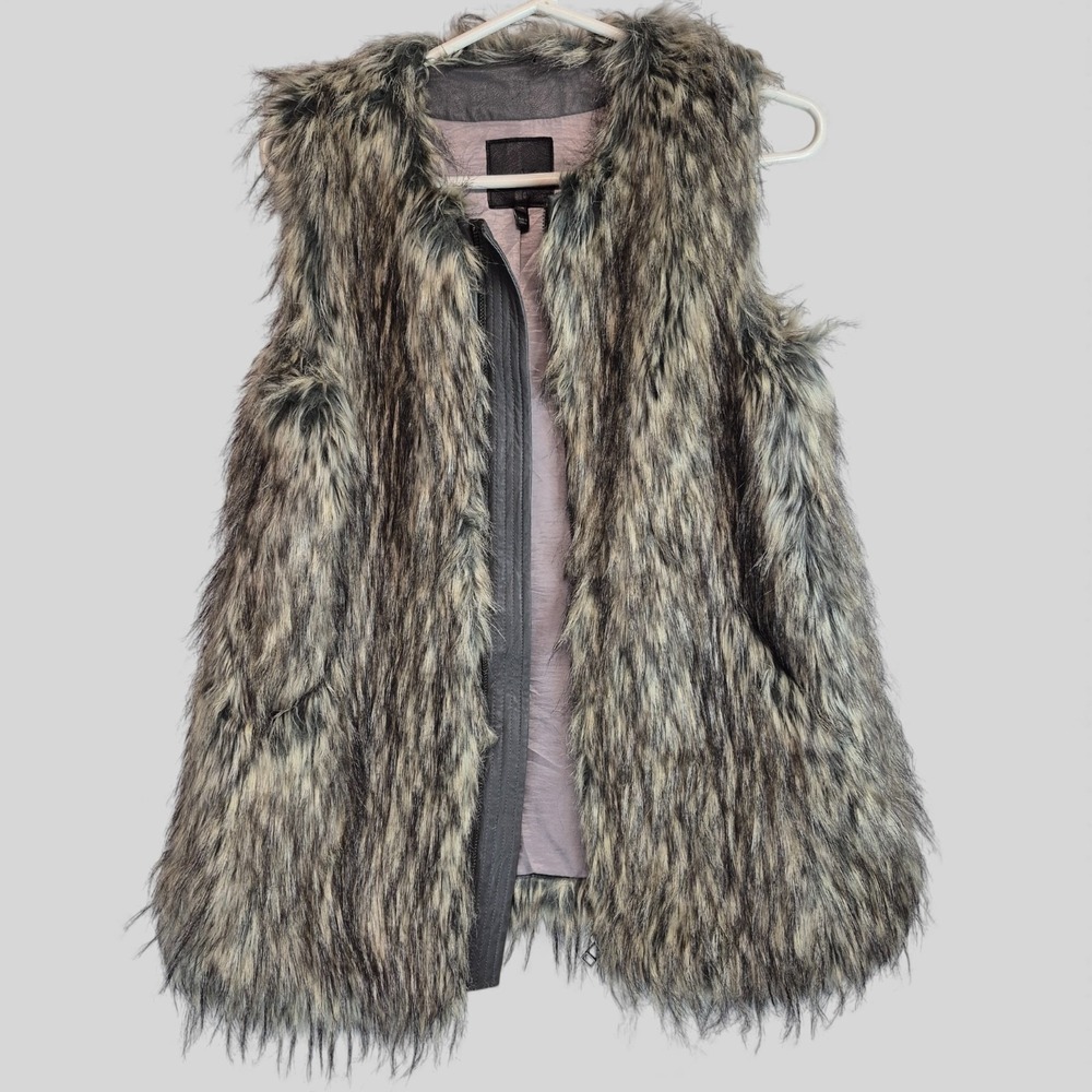 Joie Faux Fur Vest Gray Cream Sleeveless Full Zip Faux Leather Trim XS U35-4614